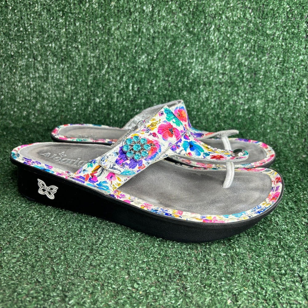 Alegria Carina Floral Leather Rhinestone Comfort Thong Sandal Multi‎ Womens 7.5